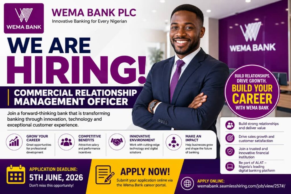 Wema Bank Recruitment 2026: Commercial Relationship Management Officer