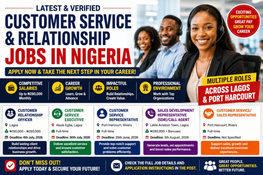 Apply for Customer Relationship, Customer Service, and Sales Roles Paying Up to ₦280,000 Monthly